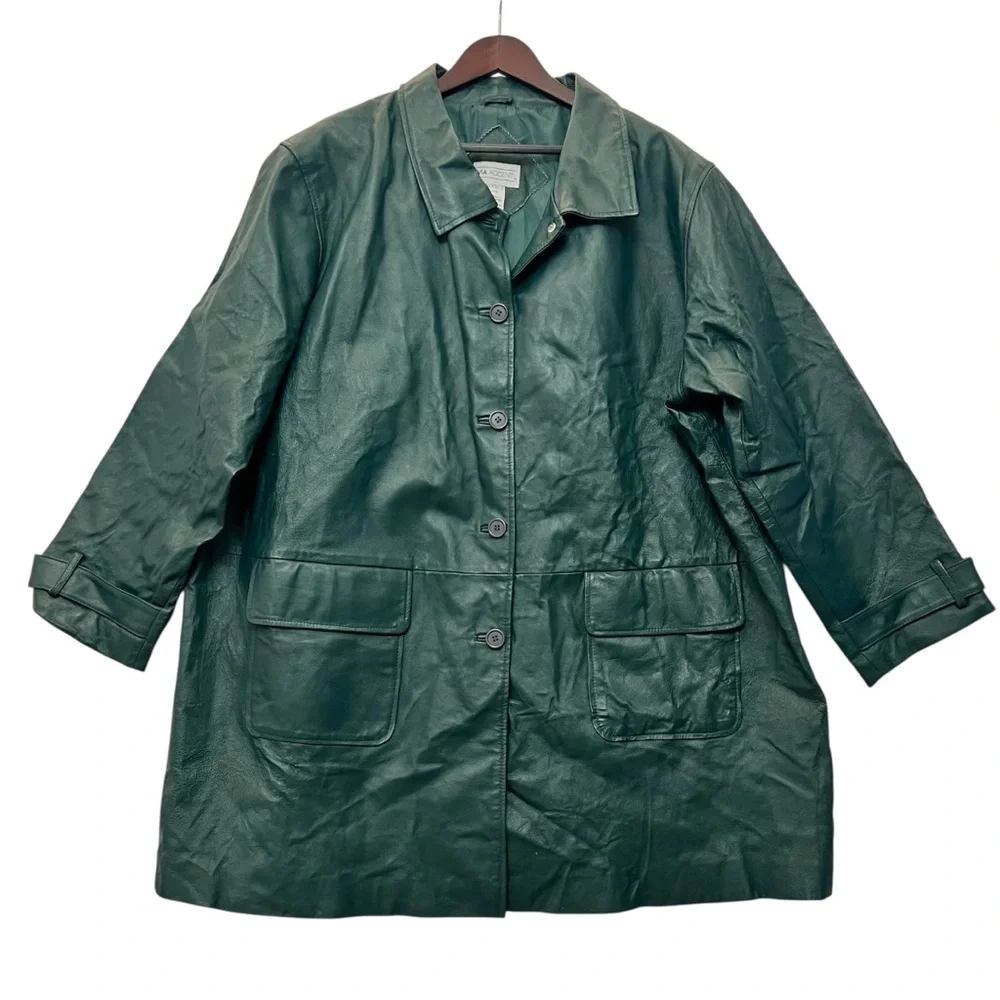 Vintage Via Accenti Dark Green Leather Jacket Button Front Coat Womens Sz 30W - Picture 1 of 11